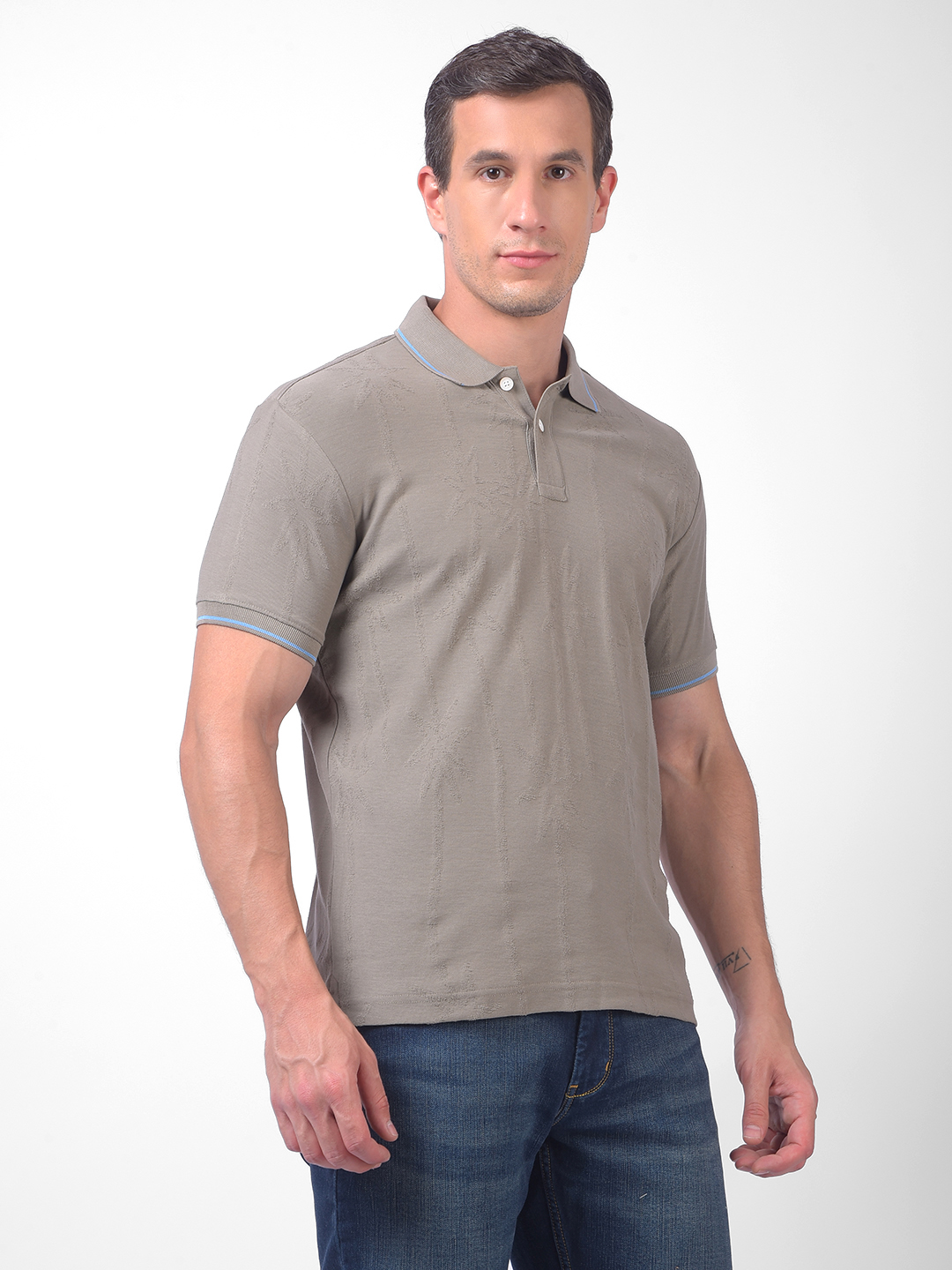 Numero Uno Men Grey Textured Polo Neck T-Shirt